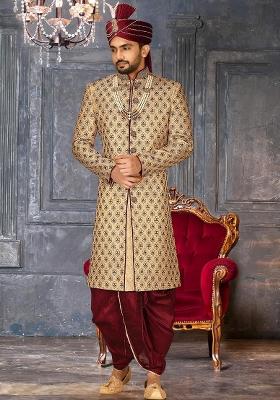 Gold Embroidered Zari Jacquard Indo Western Sherwani Set For Men