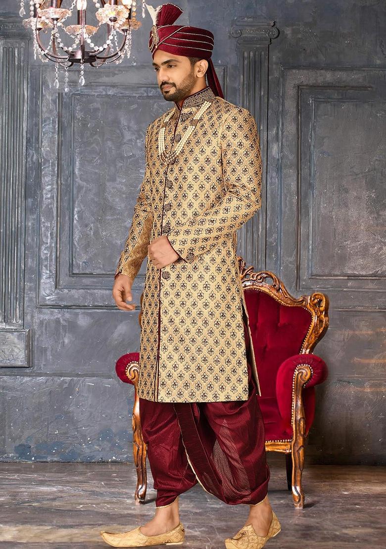 Gold Embroidered Zari Jacquard Indo Western Sherwani Set For Men