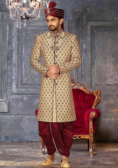 Gold Embroidered Zari Jacquard Indo Western Sherwani Set For Men