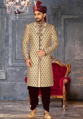 Gold Embroidered Zari Jacquard Indo Western Sherwani Set For Men