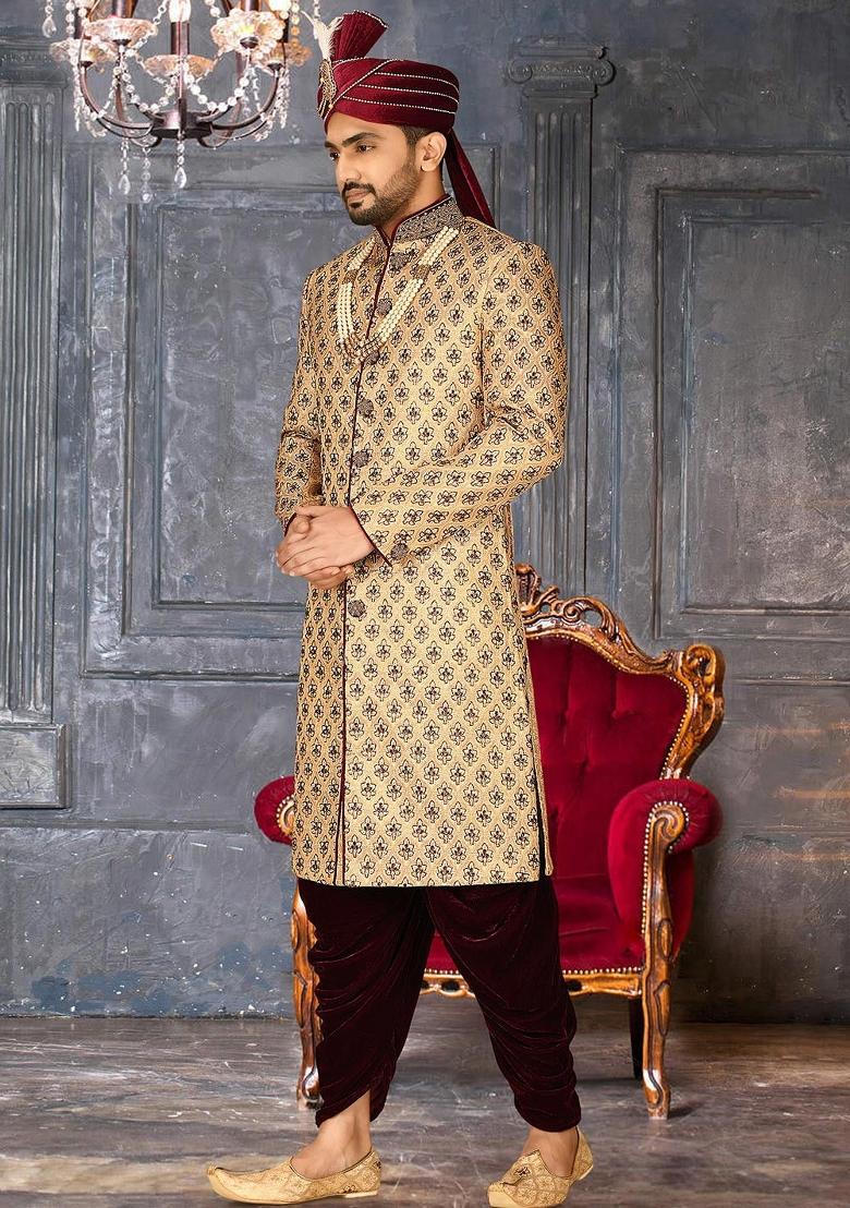 Gold Embroidered Zari Jacquard Indo Western Sherwani Set For Men