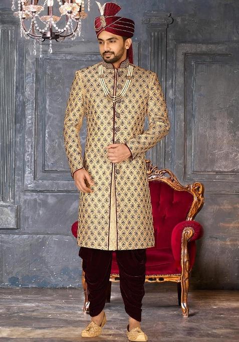 Gold Embroidered Zari Jacquard Indo Western Sherwani Set For Men