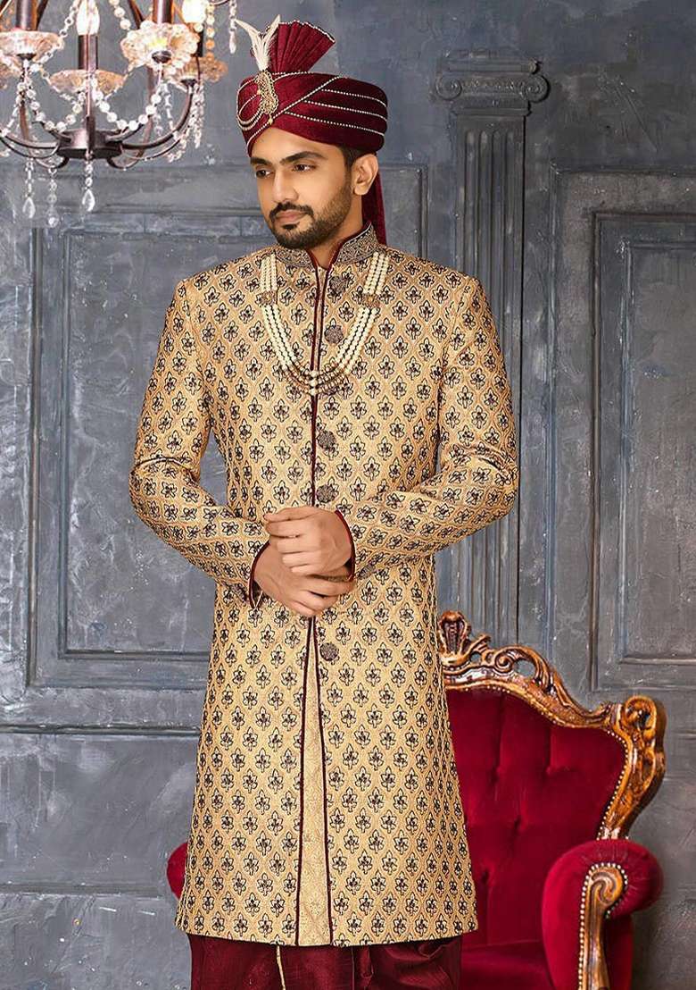 Gold Embroidered Zari Jacquard Indo Western Sherwani For Men - Indya