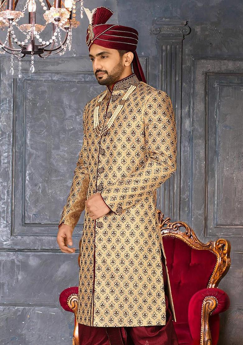 Gold Embroidered Zari Jacquard Indo Western Sherwani For Men
