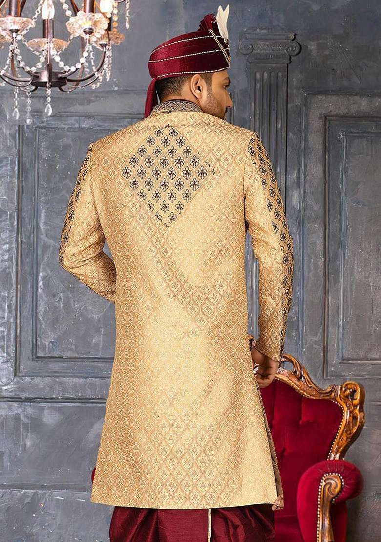 Gold Embroidered Zari Jacquard Indo Western Sherwani For Men - Indya