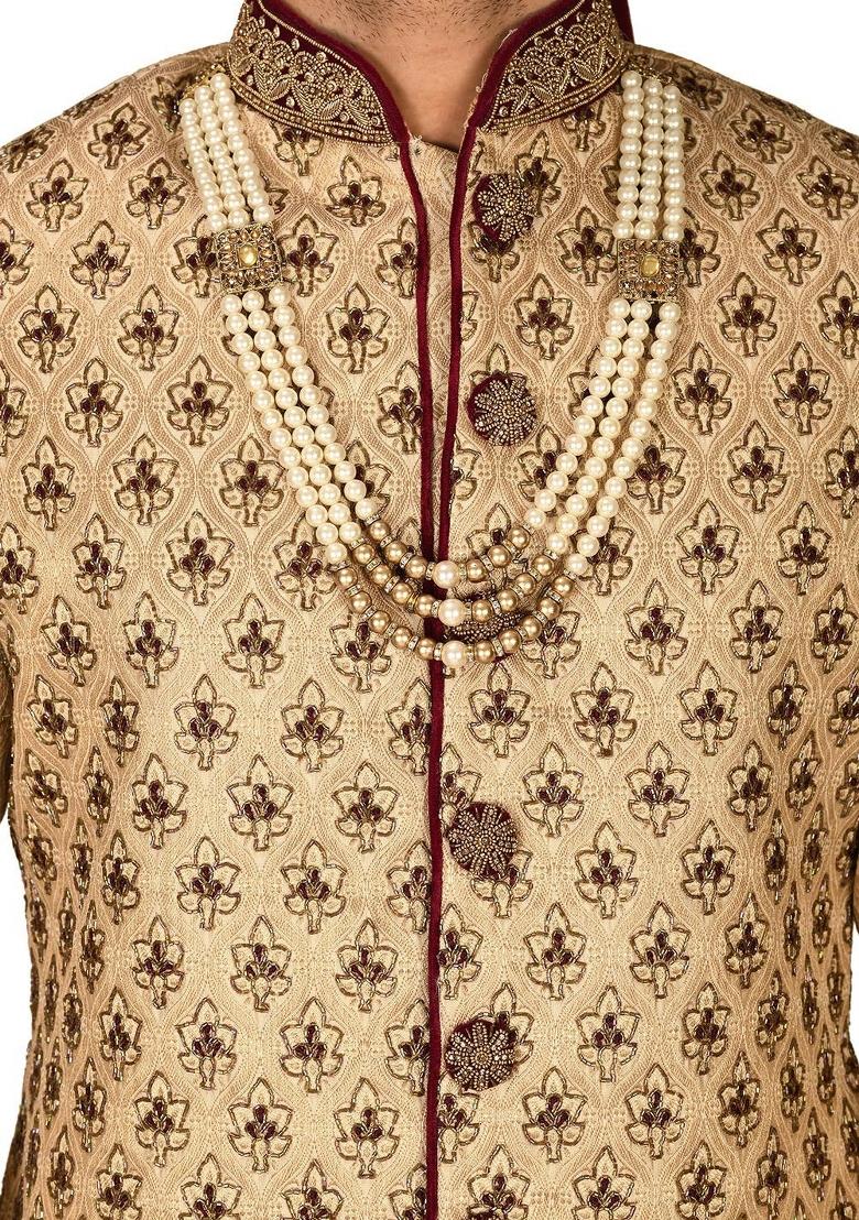 Gold Embroidered Zari Jacquard Indo Western Sherwani For Men