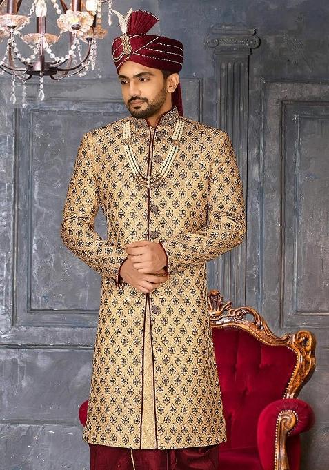 Gold Embroidered Zari Jacquard Indo Western Sherwani For Men