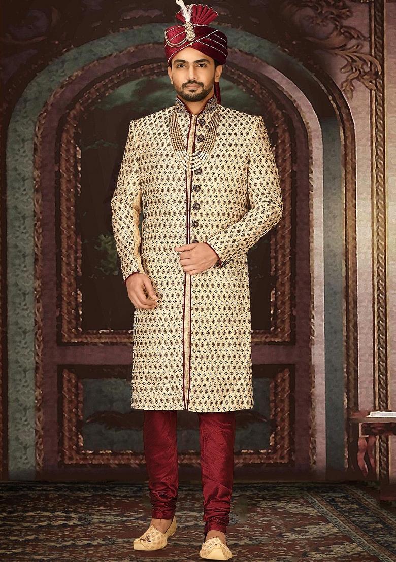 Gold Embroidered Zari Jacquard Indo Western Sherwani Set For Men