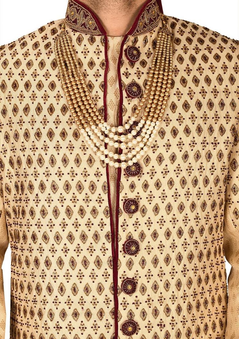 Gold Embroidered Zari Jacquard Indo Western Sherwani Set For Men