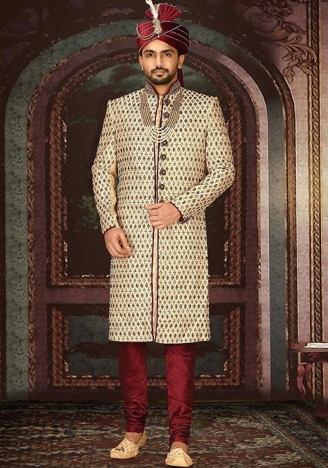 Gold Embroidered Zari Jacquard Indo Western Sherwani Set For Men