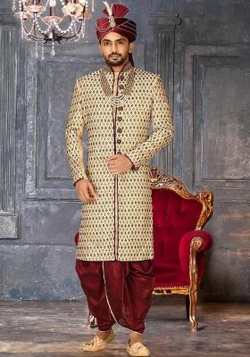 Gold Embroidered Zari Jacquard Indo Western Sherwani Set For Men