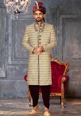 Gold Embroidered Zari Jacquard Indo Western Sherwani Set For Men