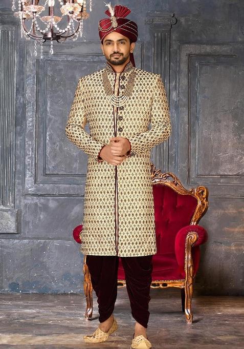 Gold Embroidered Zari Jacquard Indo Western Sherwani Set For Men