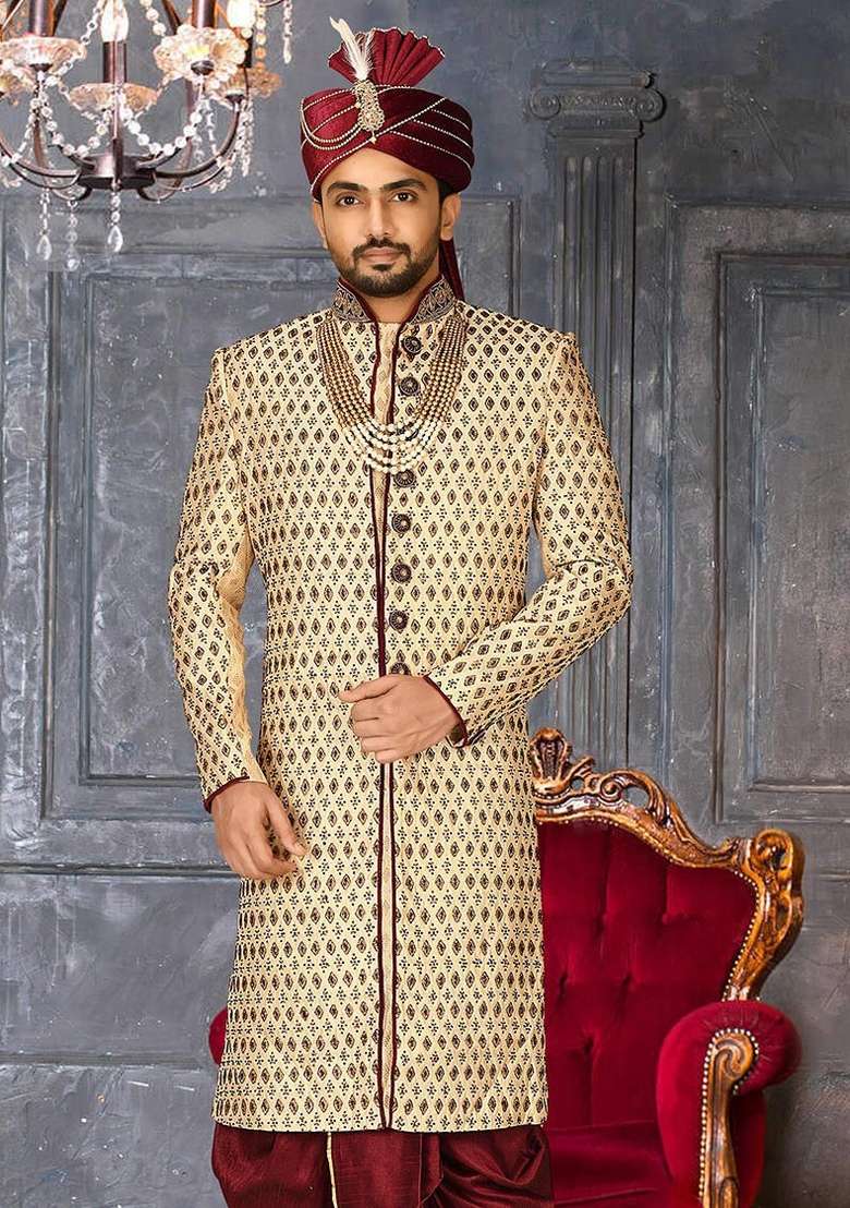 Gold Embroidered Zari Jacquard Indo Western Sherwani For Men - Indya