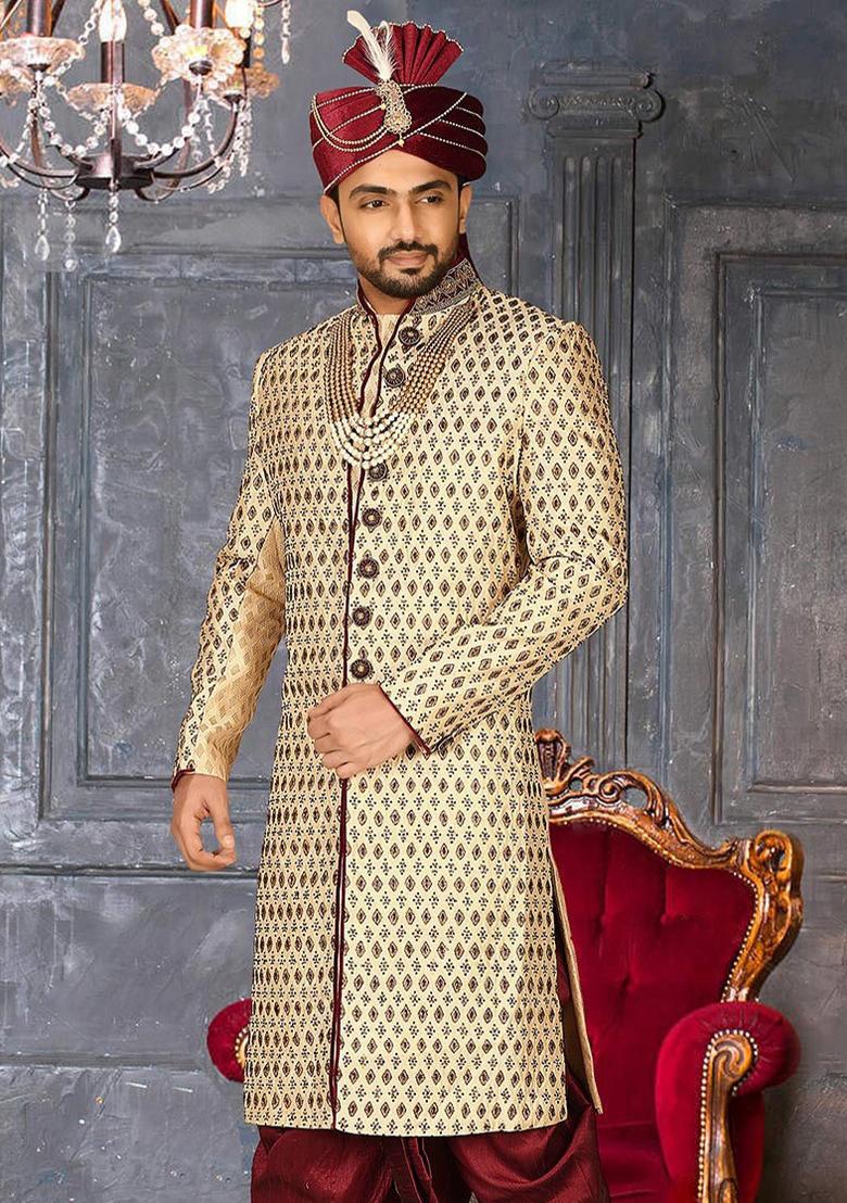 Gold Embroidered Zari Jacquard Indo Western Sherwani For Men