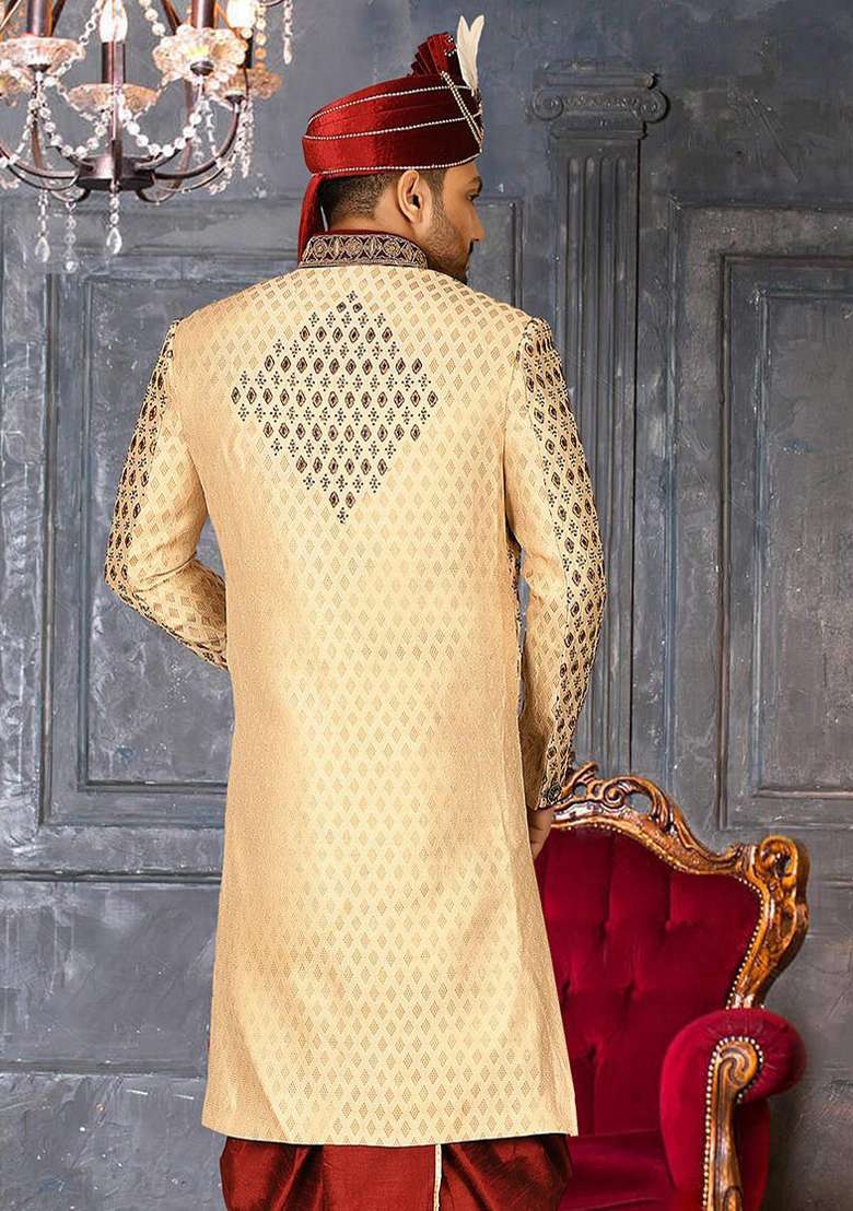 Gold Embroidered Zari Jacquard Indo Western Sherwani For Men - Indya