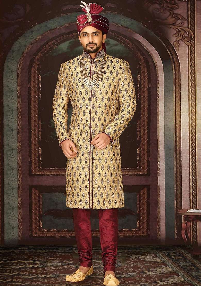 Gold Embroidered Zari Jacquard Indo Western Sherwani Set For Men - Indya