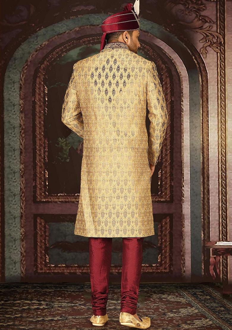 Gold Embroidered Zari Jacquard Indo Western Sherwani Set For Men