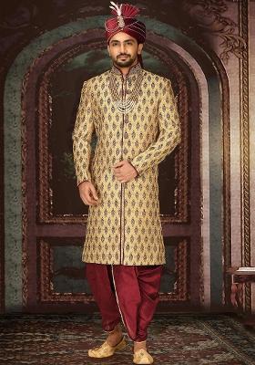 Gold Embroidered Zari Jacquard Indo Western Sherwani Set For Men