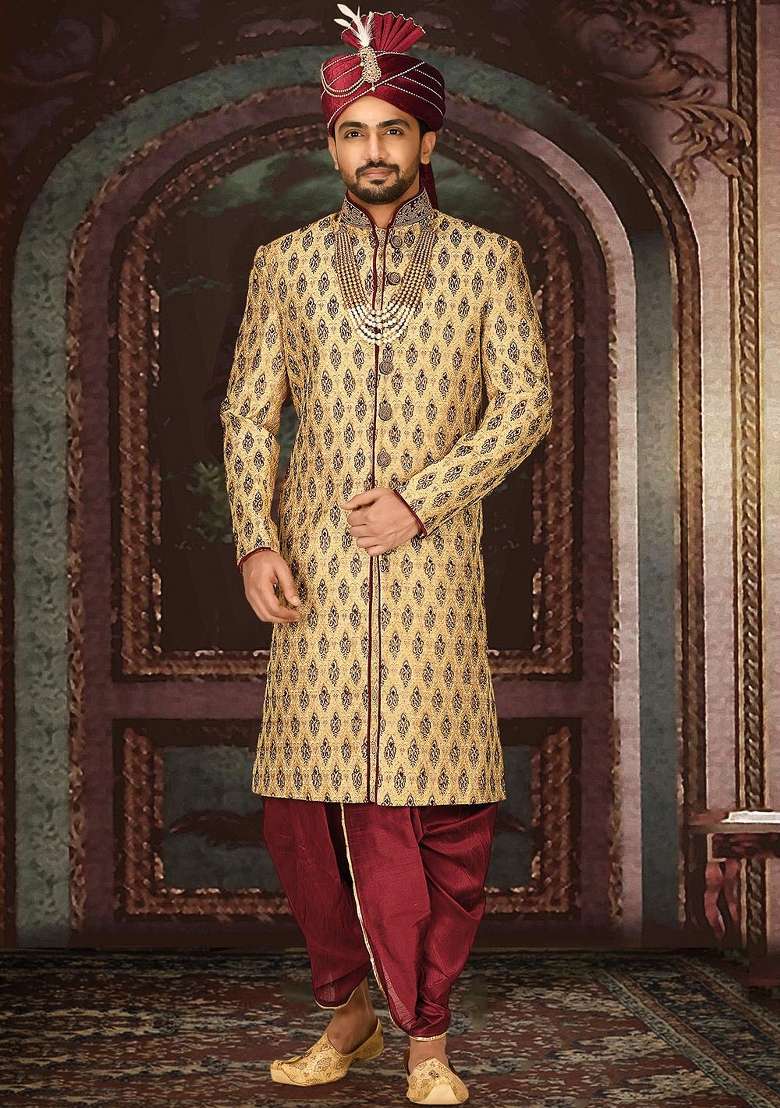 Gold Embroidered Zari Jacquard Indo Western Sherwani Set For Men - Indya