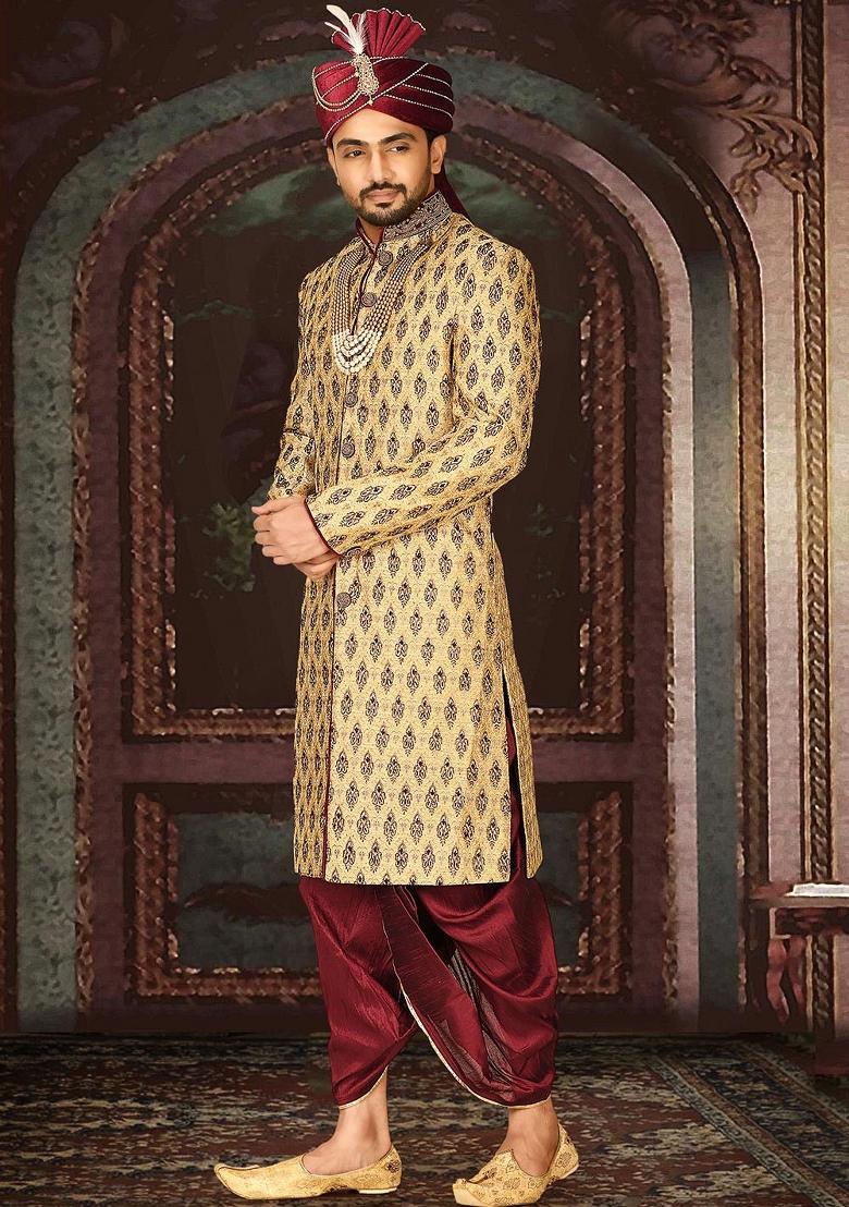 Gold Embroidered Zari Jacquard Indo Western Sherwani Set For Men