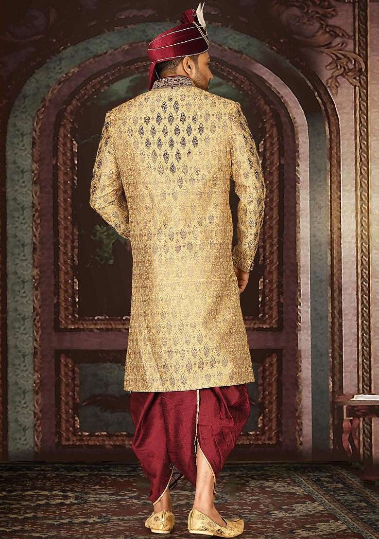 Gold Embroidered Zari Jacquard Indo Western Sherwani Set For Men - Indya
