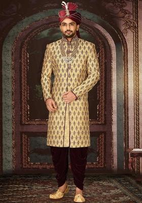 Gold Embroidered Zari Jacquard Indo Western Sherwani Set For Men