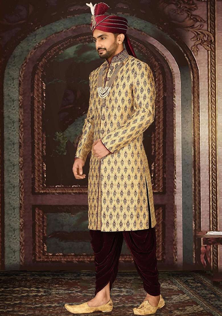 Gold Embroidered Zari Jacquard Indo Western Sherwani Set For Men - Indya