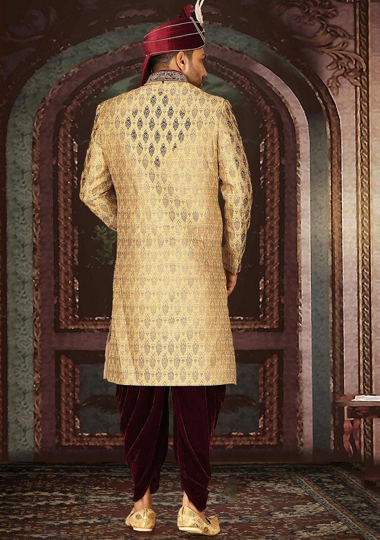 Gold Embroidered Zari Jacquard Indo Western Sherwani Set For Men