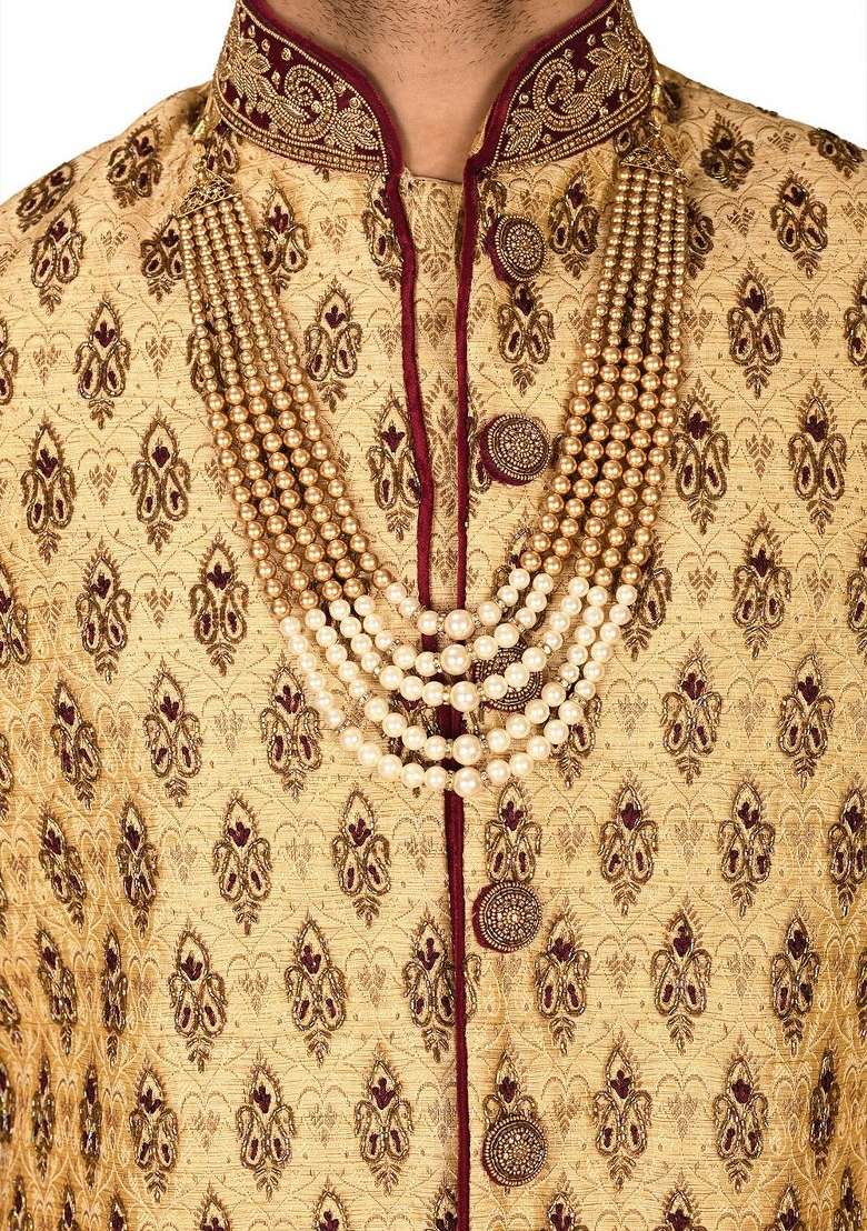 Gold Embroidered Zari Jacquard Indo Western Sherwani Set For Men - Indya