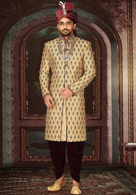 Gold Embroidered Zari Jacquard Indo Western Sherwani Set For Men