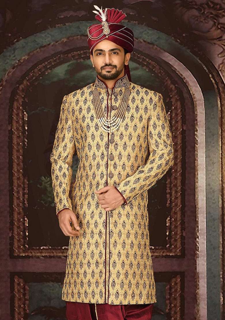 Gold Embroidered Zari Jacquard Indo Western Sherwani For Men - Indya