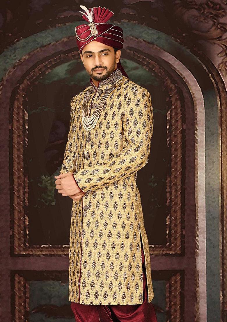 Gold Embroidered Zari Jacquard Indo Western Sherwani For Men