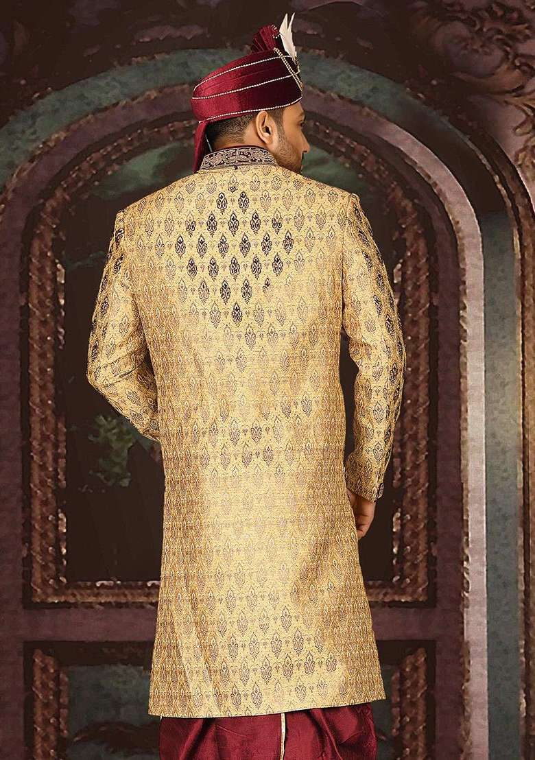 Gold Embroidered Zari Jacquard Indo Western Sherwani For Men - Indya