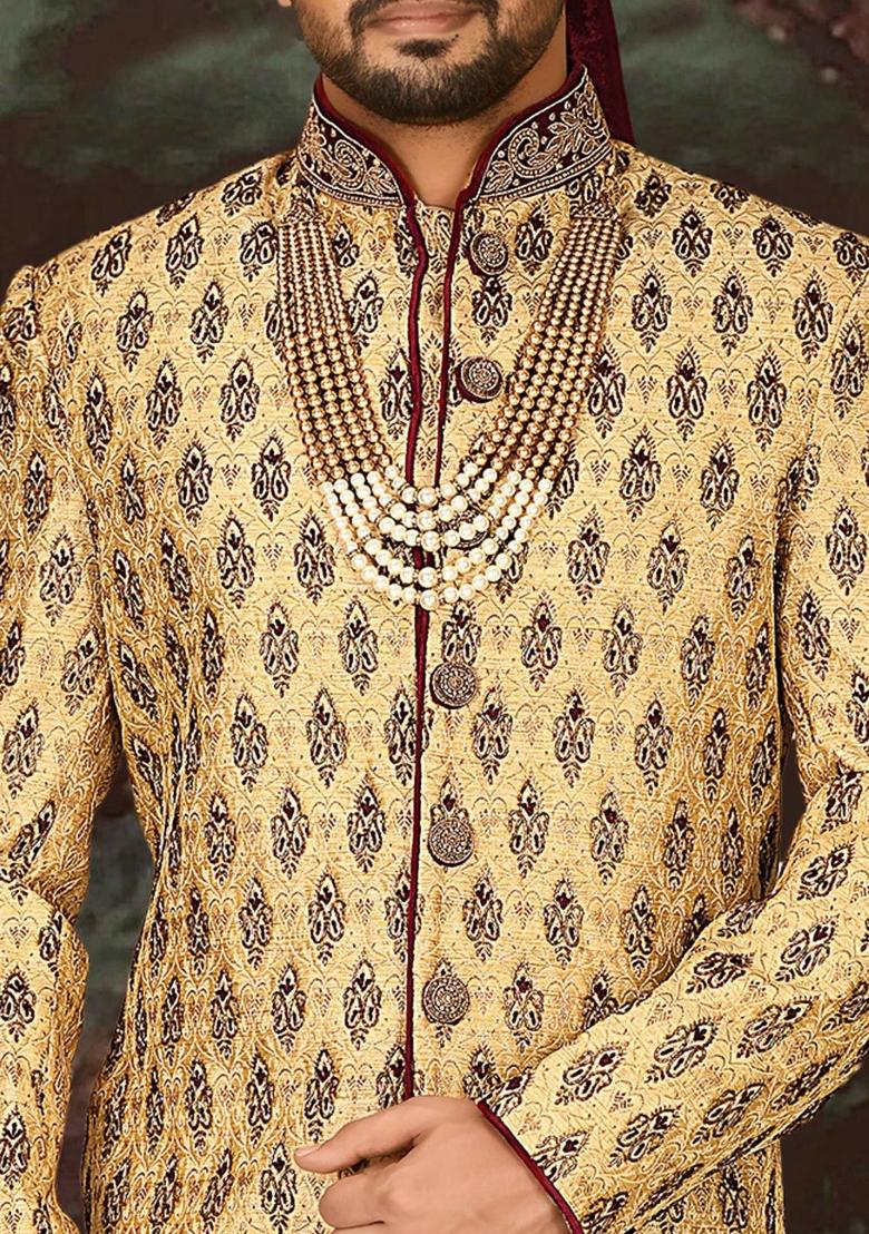 Gold Embroidered Zari Jacquard Indo Western Sherwani For Men