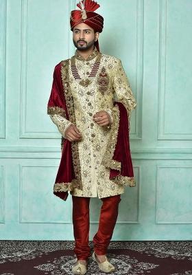 Fawn Orange Embroidered Dupion Art Silk Indo Western Sherwani Set For Men