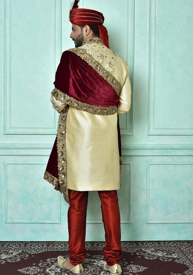 Fawn Orange Embroidered Dupion Art Silk Indo Western Sherwani Set For Men