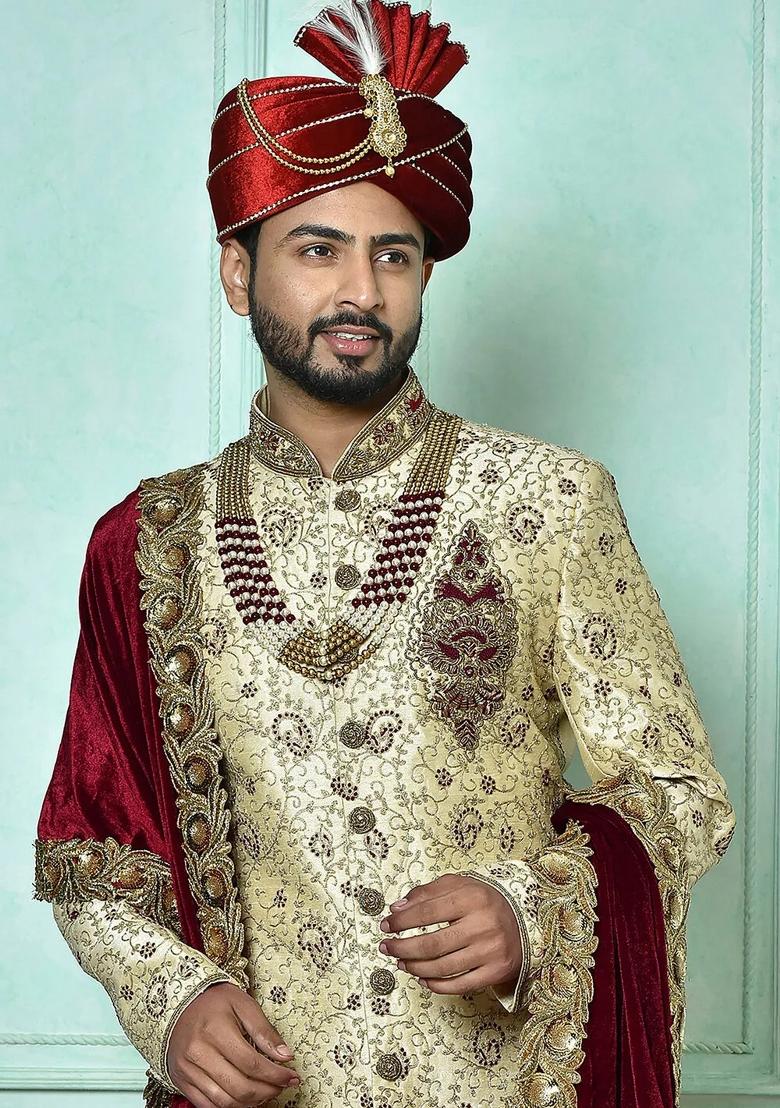 Fawn Orange Embroidered Dupion Art Silk Indo Western Sherwani Set For Men