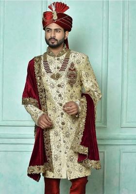 Fawn Orange Embroidered Dupion Art Silk Indo Western Sherwani For Men