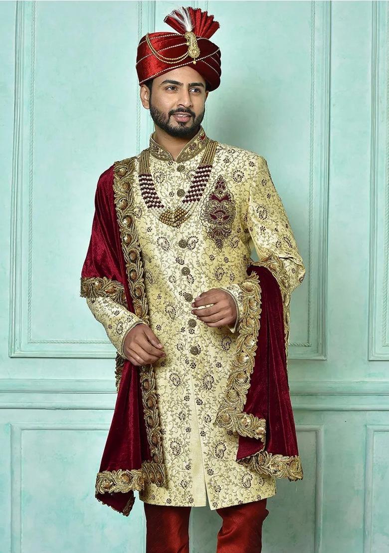 Fawn Orange Embroidered Dupion Art Silk Indo Western Sherwani For Men
