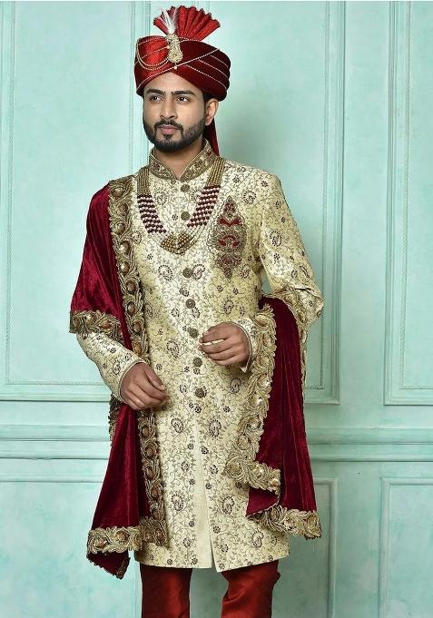 Fawn Orange Embroidered Dupion Art Silk Indo Western Sherwani For Men — view on Indya