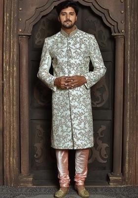 Cream Embroidered Dupion Art Silk Indo Western Sherwani Set For Men