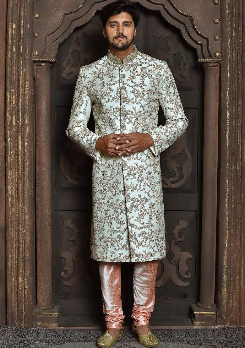 Cream Embroidered Dupion Art Silk Indo Western Sherwani Set For Men - Indya