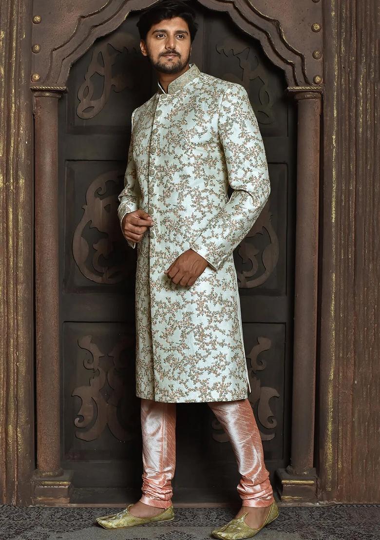 Cream Embroidered Dupion Art Silk Indo Western Sherwani Set For Men