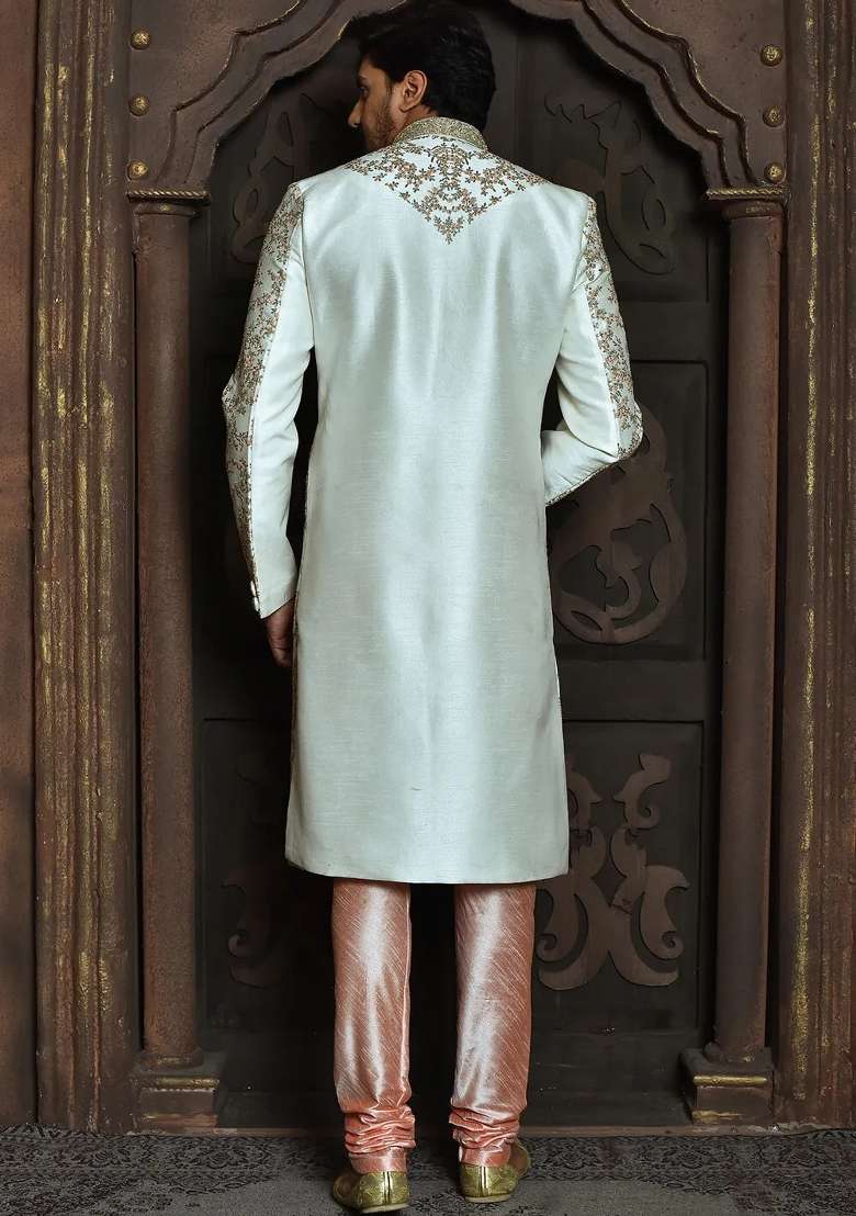 Cream Embroidered Dupion Art Silk Indo Western Sherwani Set For Men - Indya