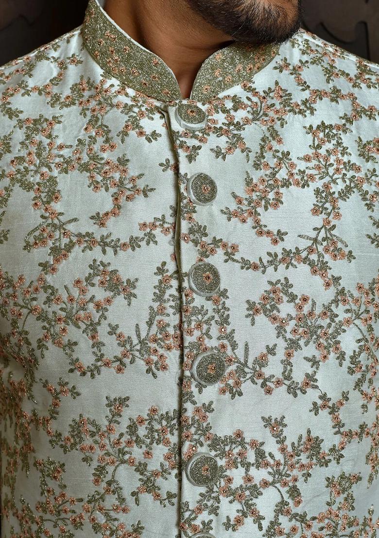 Cream Embroidered Dupion Art Silk Indo Western Sherwani Set For Men