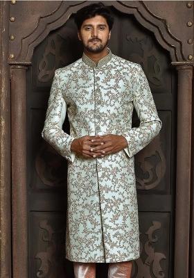 Cream Embroidered Dupion Art Silk Indo Western Sherwani For Men
