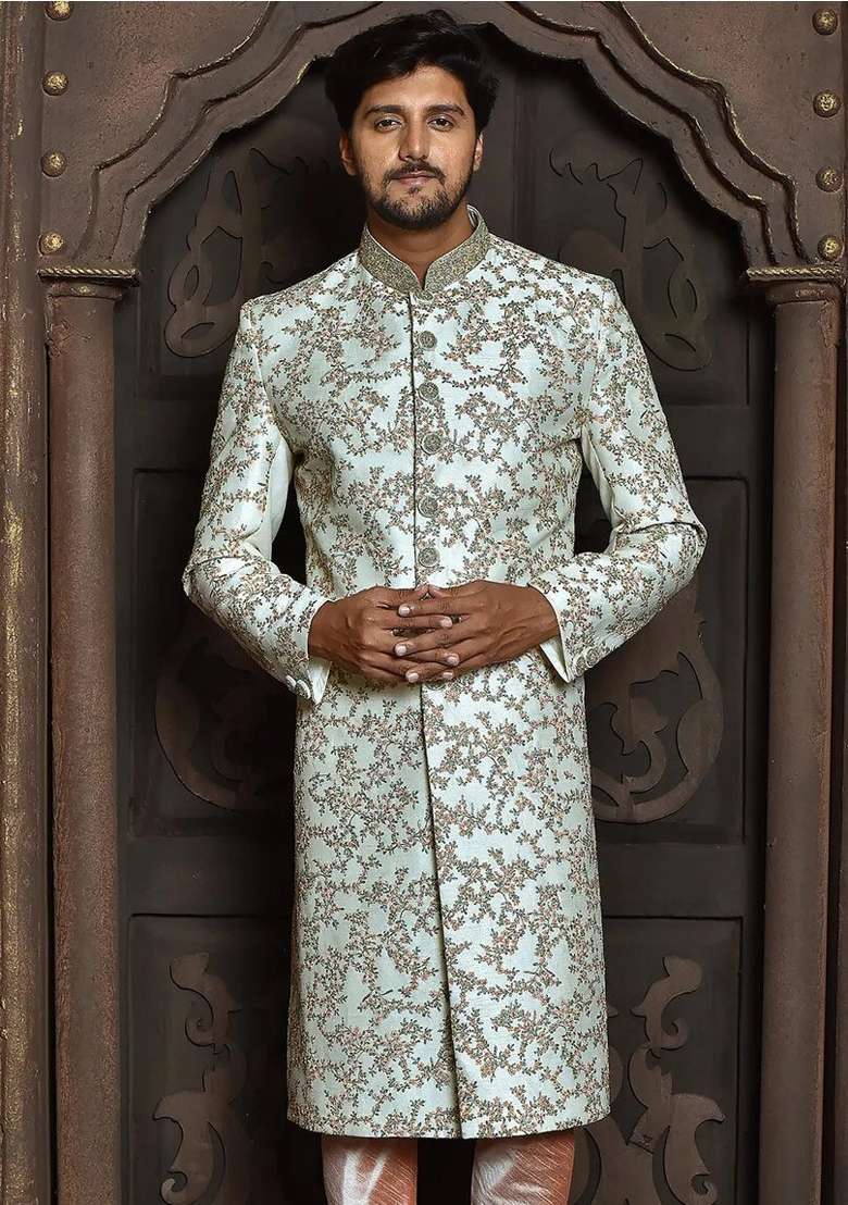 Cream Embroidered Dupion Art Silk Indo Western Sherwani For Men - Indya