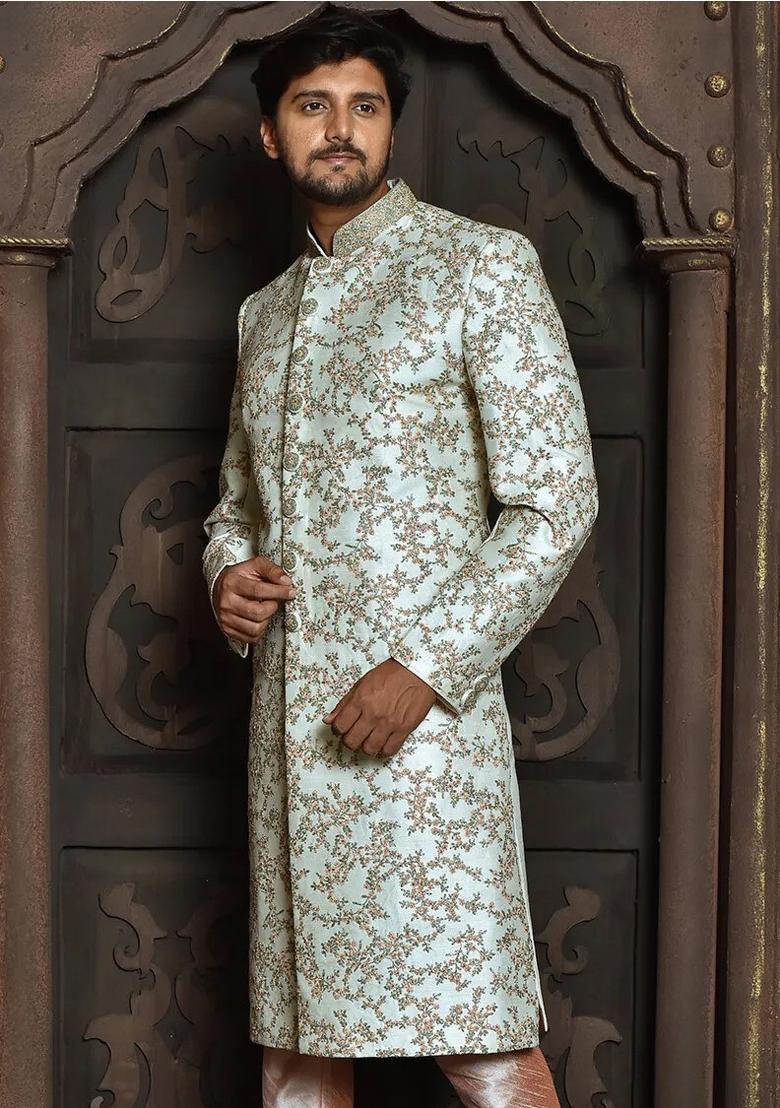 Cream Embroidered Dupion Art Silk Indo Western Sherwani For Men
