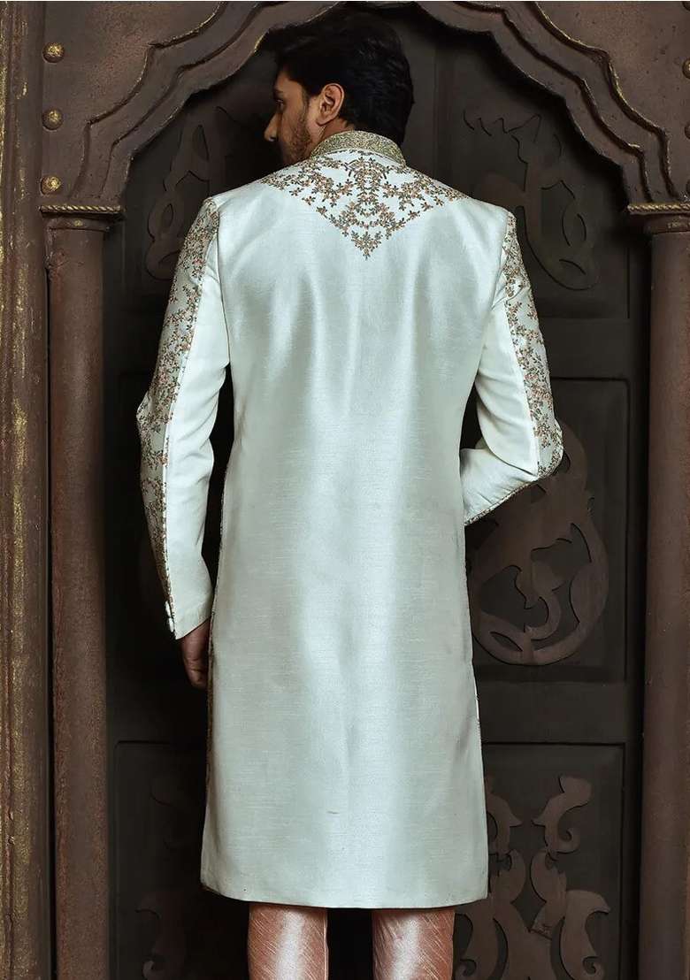 Cream Embroidered Dupion Art Silk Indo Western Sherwani For Men - Indya